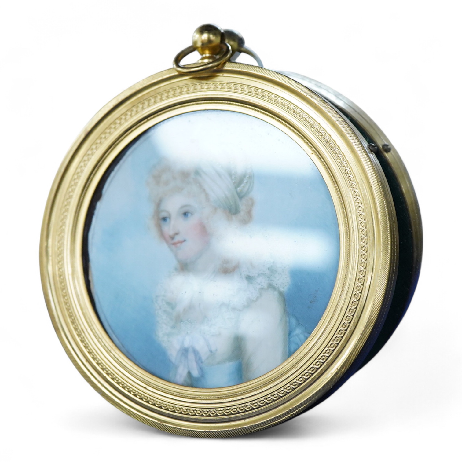 Late 19th / early 20th century School, indistinctly signed T Roche?, Portrait miniature of a lady, possibly Mozart's wife, tondo watercolour on ivory, housed in a gilt frame, overall 10cm diameter CITES Submission refere
